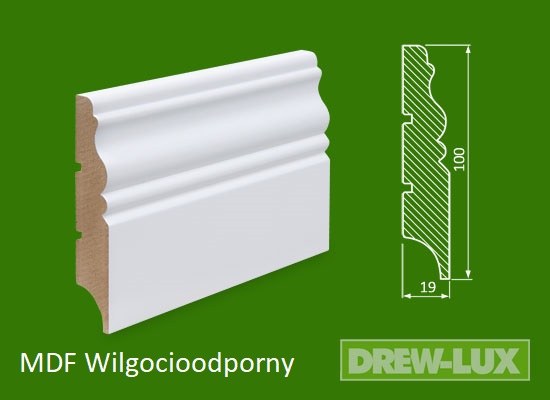 Listwa przypodłogowa MDF biała lakierowana  - 100 x 19 PLUS – wilgocioodporna - długość 2,62m
